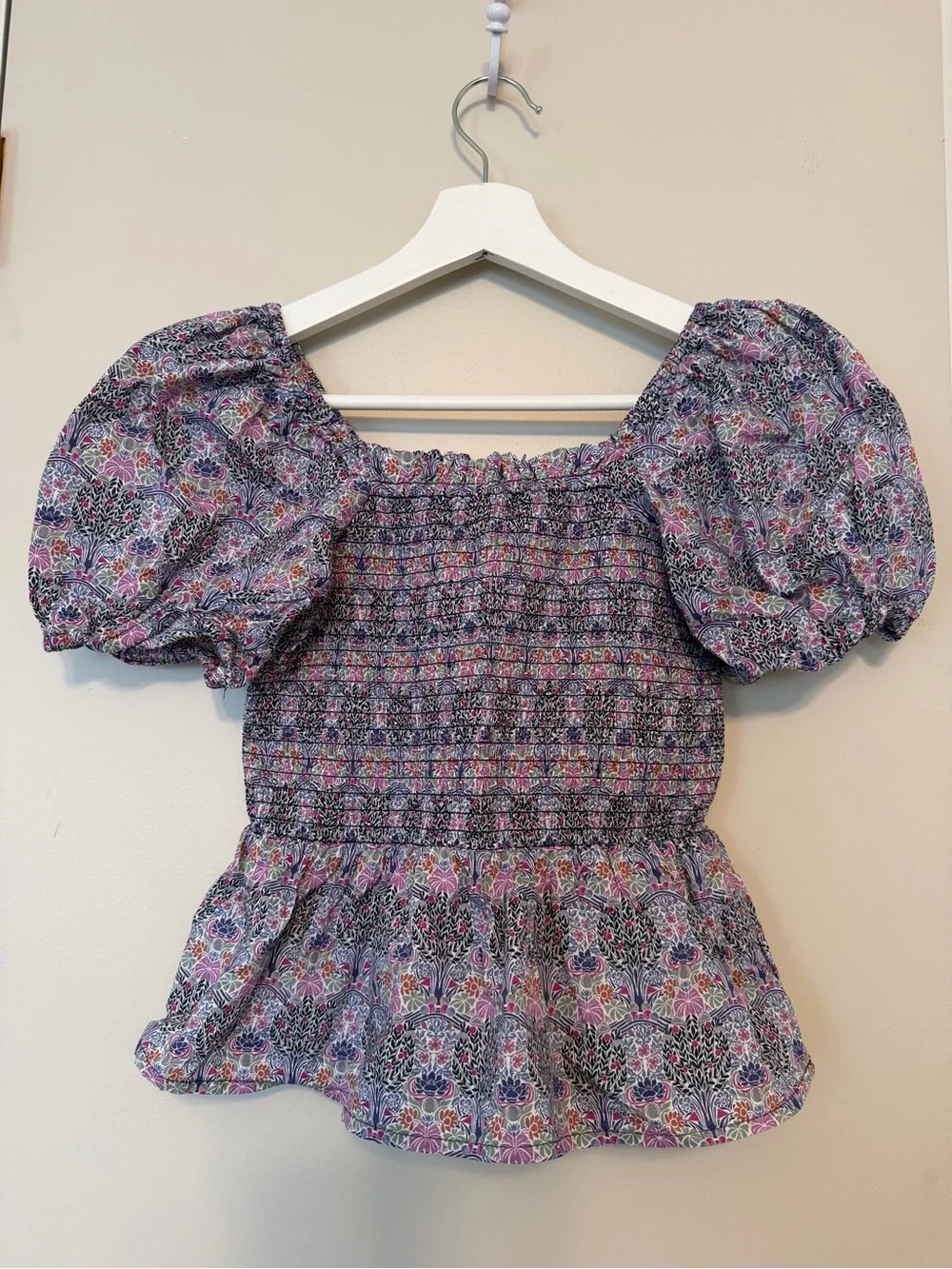 J. Crew Liberty Fabric Smocked Puff-Sleeve Floral Peplum Top